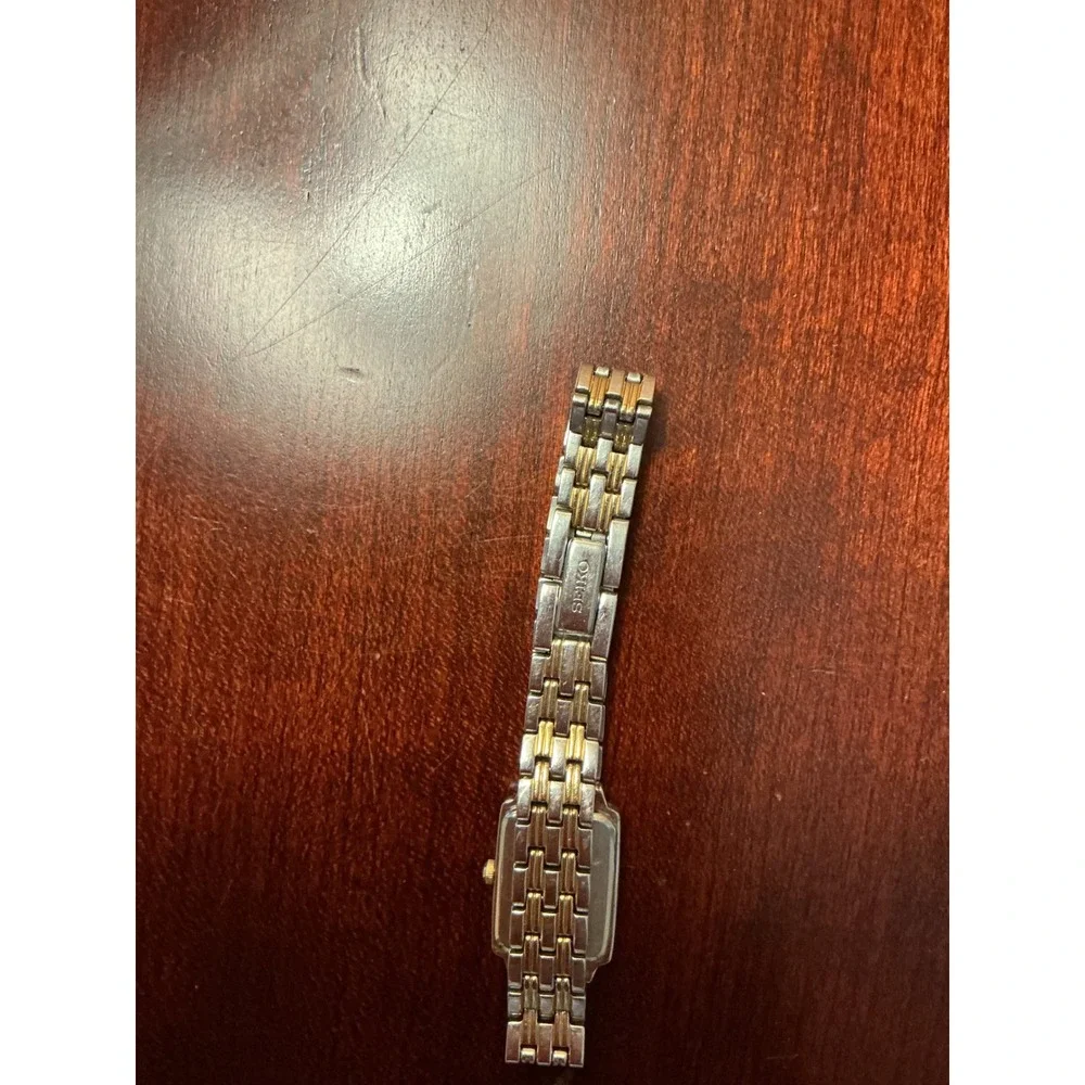 Seiko Womens Two Tone Tank Watch 1N01-0FH0 Silver Gold Rectangular White Dial